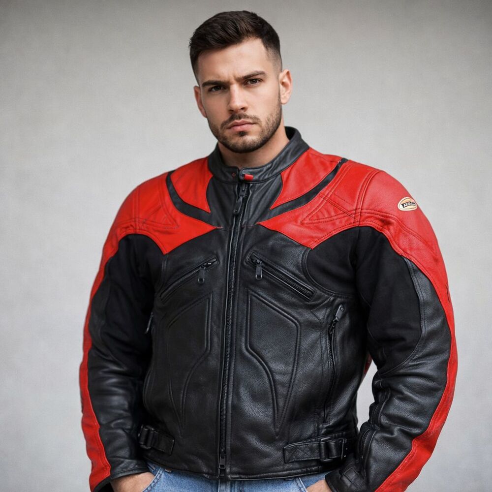Motorcycle Leather Racing Jacket Sportbike Biker CE Armor Moto XL Red Black
